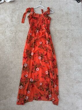 Gal Meets Glam Peachy/Orange Floral Maxi Dress with Tie Straps